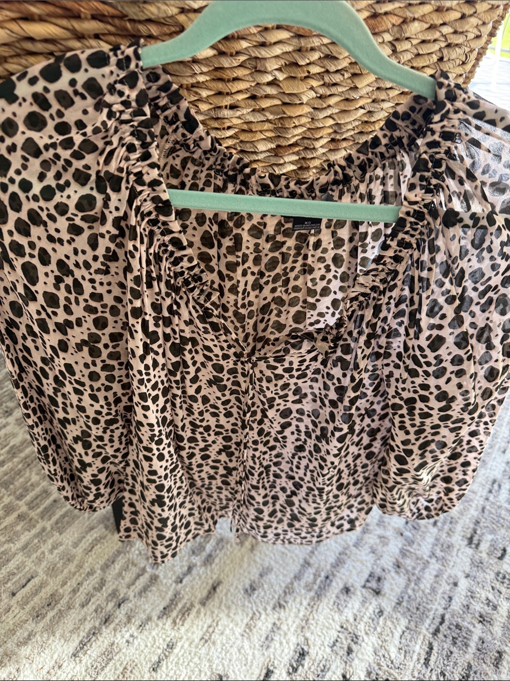 Sanctuary Blush and Black Smocked V-Neck Leopard Print Blouse